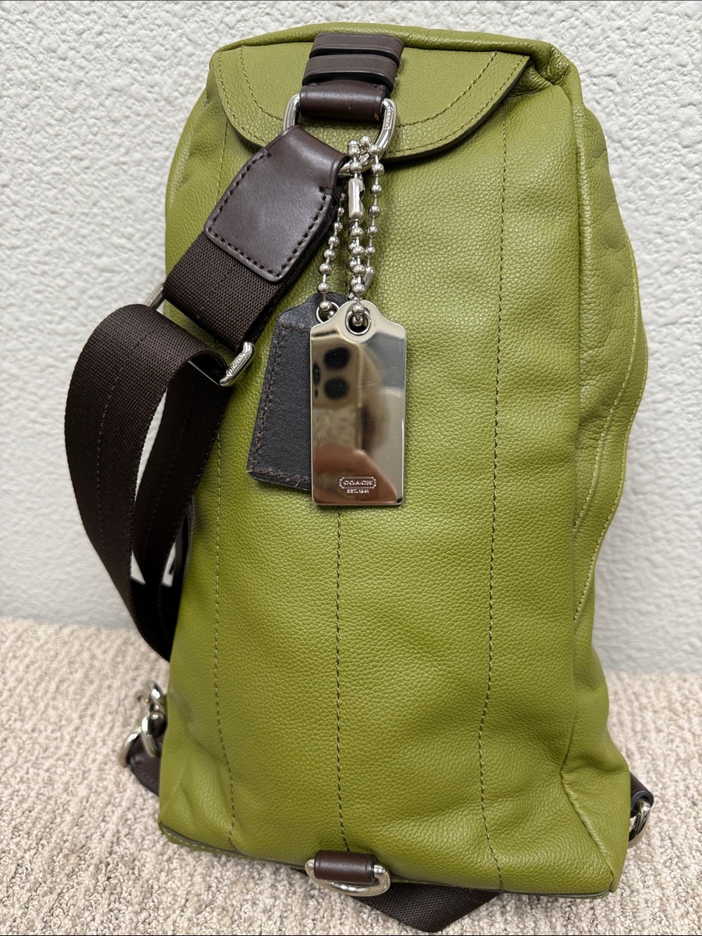 Coach Thompson Green Pebbled Leather Crossbody Sling with Brown Strap - Picture 6 of 13